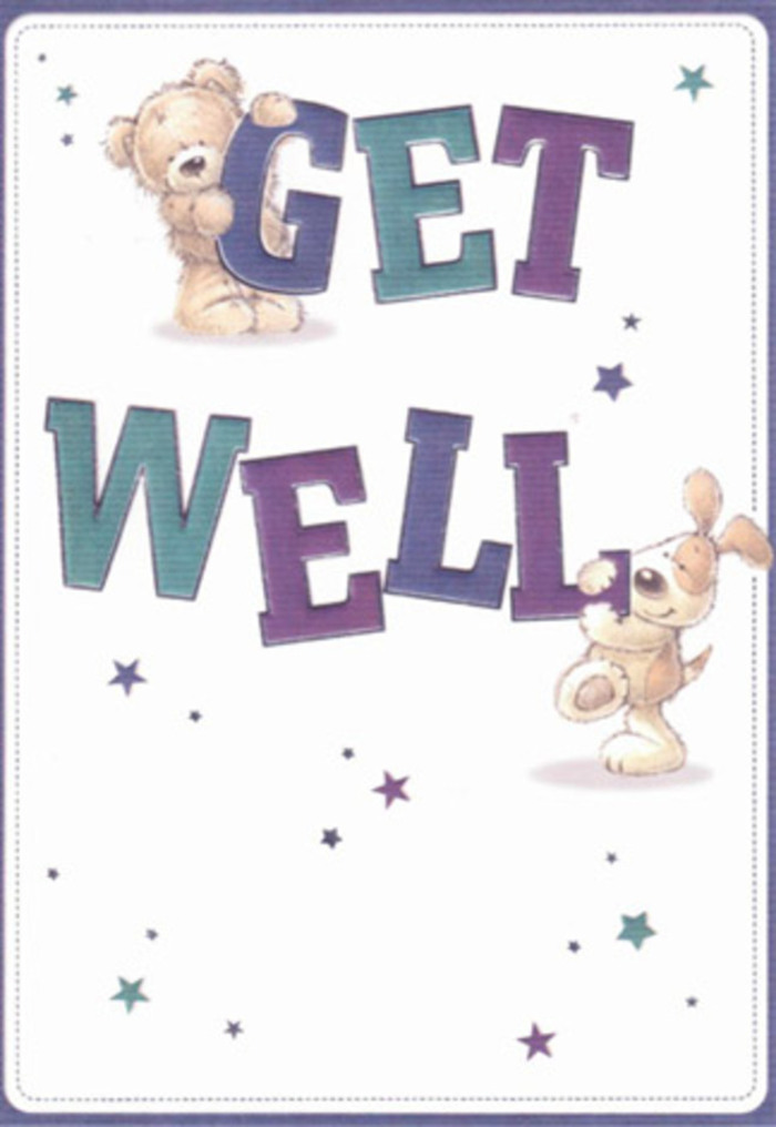 Set against a luminous, simple background that could easily evoke the tranquil light of a Colindale morning, this get well card is an illustration of pure encouragement. In the foreground, a cuddly bear and an eager puppy interact tenderly with large, lively letters spelling 'Get Well', shaded in a palette of calming purples and aquas. Stars sway around the playful duo, their twinkling forms casting little sparks of hope, much like the sense of community found at Montrose Park or local cafés. You almost feel the soft, comforting textures-the downy bear, the puppy's silky ears-each crafted with loving care. The letters themselves leap from the surface, their confident shapes grounding the artwork and reinforcing the uplifting message. There's a natural warmth to the scene, reminiscent of the feeling when a caring friend delivers flowers from Colindale Flowers to your door-a combination of reassurance and tangible kindness. The mood is light and healing, making it thoroughly suited to lifting the spirits of anyone on the mend, whether young or simply young at heart. Every detail, from playful brushstrokes to the gentle play of colour, is woven together in a sincere wish for health and happiness in the heart of North West London.
