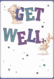 Overflowing with cheerful optimism, this get well card is a vivid reminder of the kindness that thrives throughout Colindale. On a soft, creamy white canvas, an adorable teddy bear and a lively puppy burst with affectionate energy, their fluffy bodies and expressive faces practically leaping from the surface. Together, they cradle bold, multi-hued letters that confidently spell out 'Get Well', indigo and teal hues dancing brightly-like a fresh spring arrangement found at a Colindale florist along Edgware Road. Scattered across the design, star motifs in purples and blues shimmer gently, their whimsical shapes adding a magical note of hope and recovery. The detailed illustration gives the animals a lifelike softness, suggesting the tactile comfort one might find in a cozy embrace or a bouquet designed to cuddle the senses. More than just a card, this image tells a story of care, aligning heartfelt wishes with the feeling of receiving flowers hand-delivered to a loved one in Colindale. Its overall mood is uplifting and nurturing, carrying a sweet encouragement perfect for anyone needing a dose of local warmth during their recuperation.
